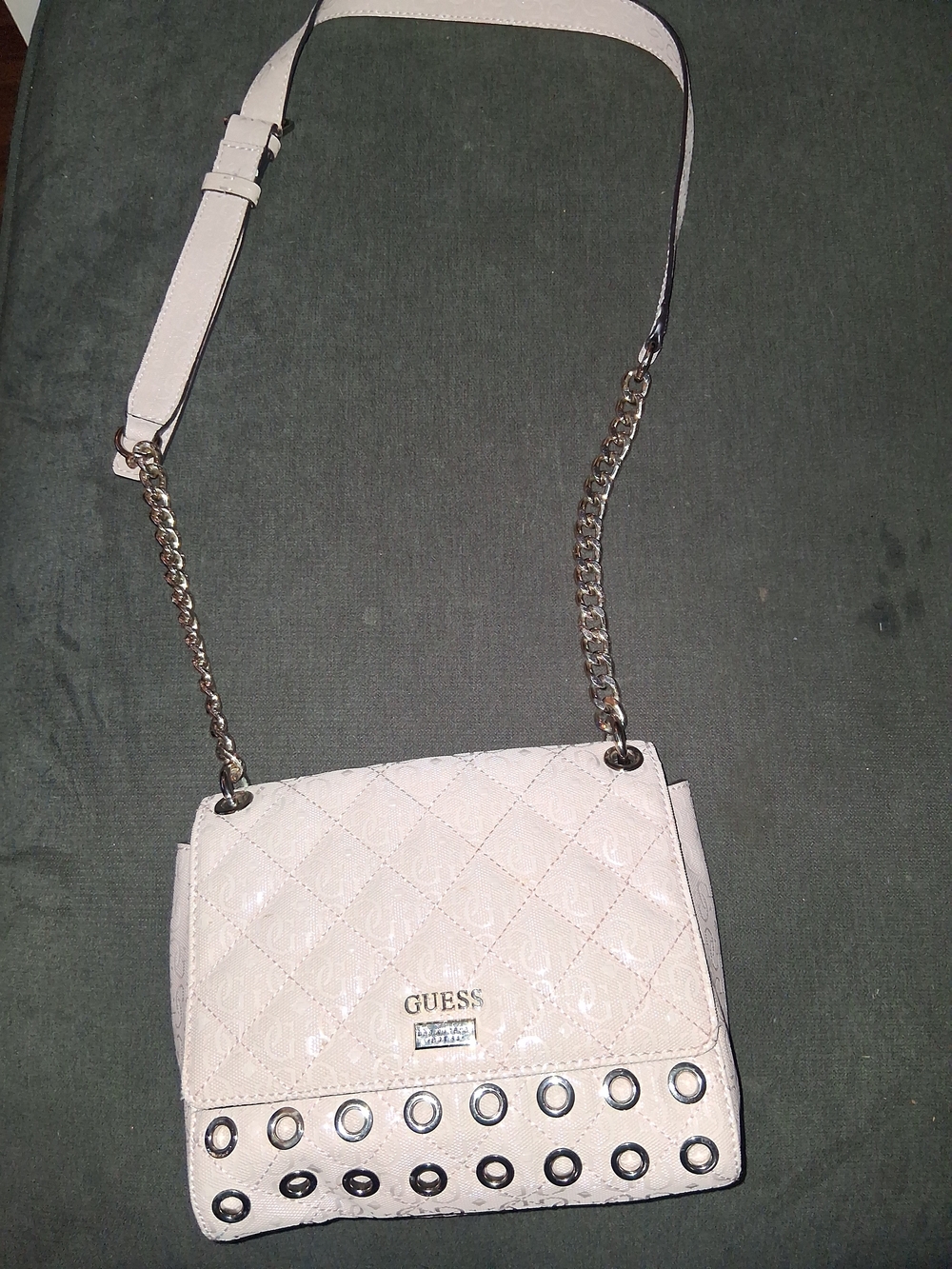 Guess Cream Quilted Patent Crossbody with Chain Strap and Eyelets